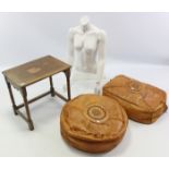 An oak rectangular occasional table; three camel cushions; a shops display model, etc.