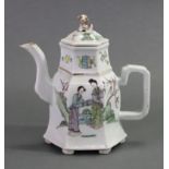 A Chinese porcelain Republican period hexagonal bell-shaped wine pot & cover painted in rose-verte