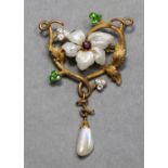 A GOLD, BAROQUE PEARL, & GEM-SET BROOCH of naturalistic floral design, the flower head formed of