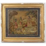 A late 18th/early 19th century silk needlework depicting Rebecca & Eleizer at the Well, with painted