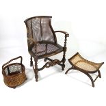 An Edwardian armchair with woven-cane back & seat, on barley-twist & turned supports; a similar X-