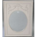 A light grey-finish composition rectangular wall mirror inset oval plate, 31½” x 23½”.