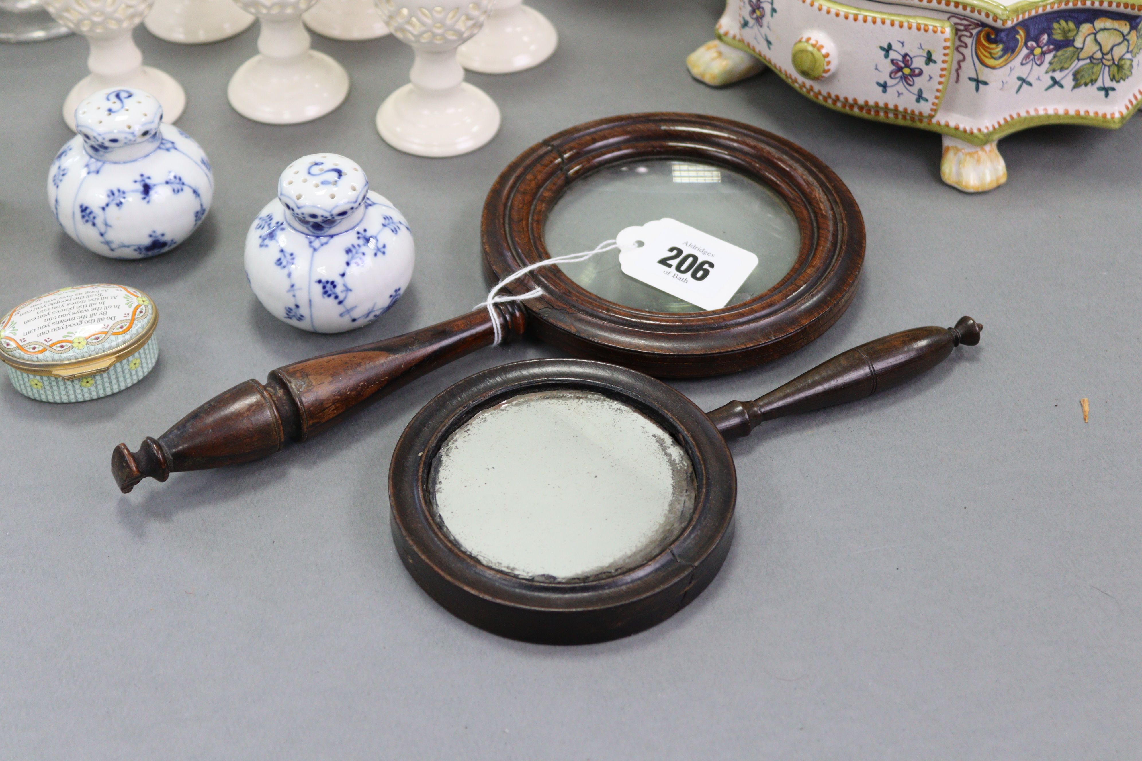 A pair of Royal Copenhagen salt & pepper pots, 2¼” high; a 19th century rosewood frame magnifying - Image 2 of 7