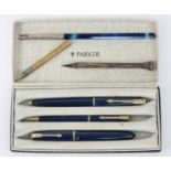 A Parker three-piece pan set, cased; together with three various other pens.