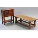 A hardwood side table fitted two short & one long drawer, & on square tapered legs with open