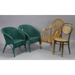 A pair of Lloyd Loom-style green painted tub-shaped chairs; a wicker elbow chair; & a bentwood