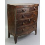 A 19th century mahogany bow-front chest, fitted two short & three long graduated drawers with turned