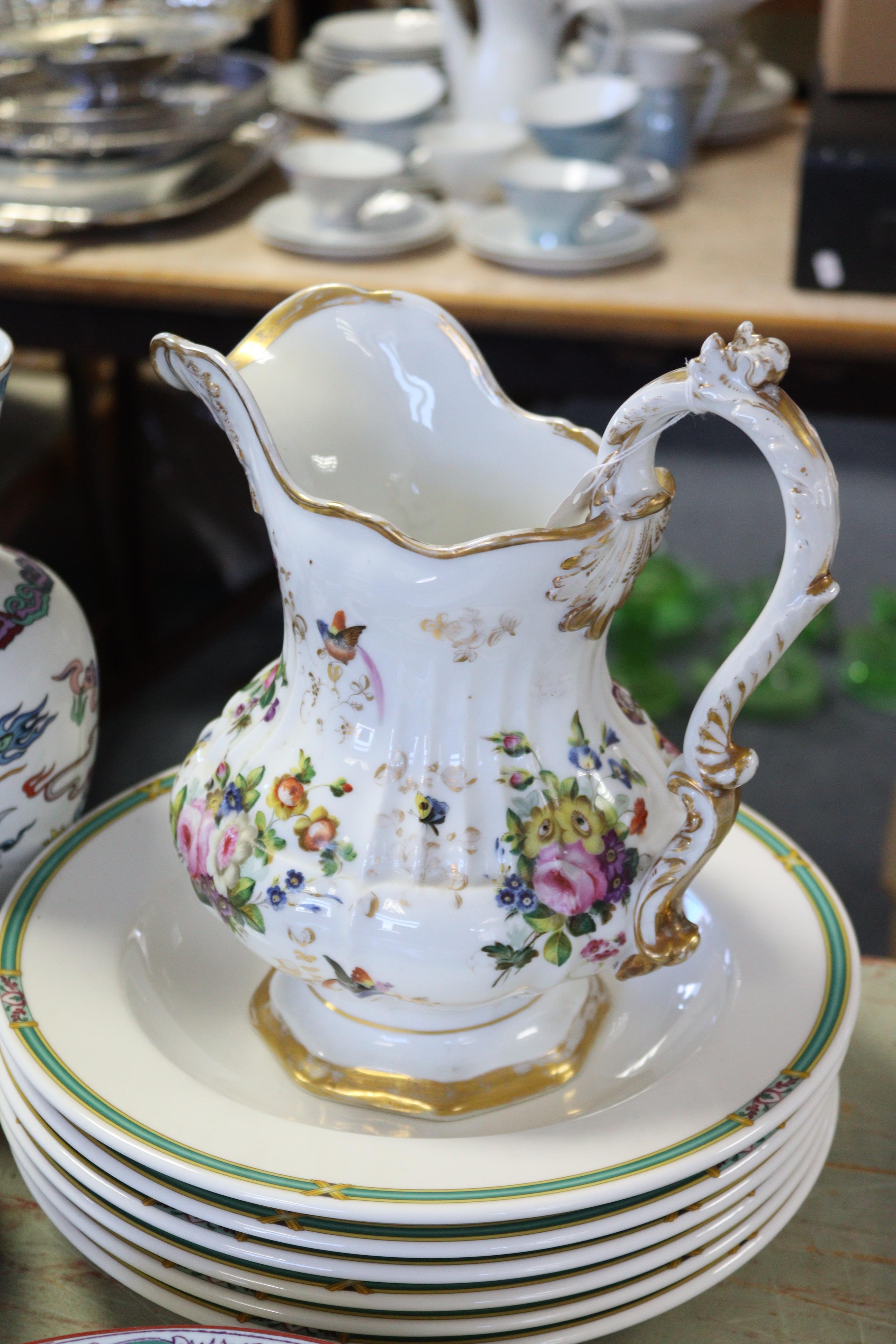 A Paris porcelain floral decorated jug, 10” high; an opaque pink glass vase with white & gilt - Image 3 of 7