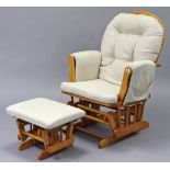 A KUB “Haywood” rocking nursing chair & matching foot stool with natural hardwood frame, padded