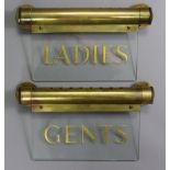 A pair of ladies’ & gents glass cloakroom signs with engraved & painted gold lettering & brass