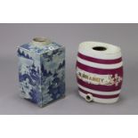A Chinese blue & white porcelain tea canister, 14¼” high, (lacking lid), w.a.f.; & a Staffordshire