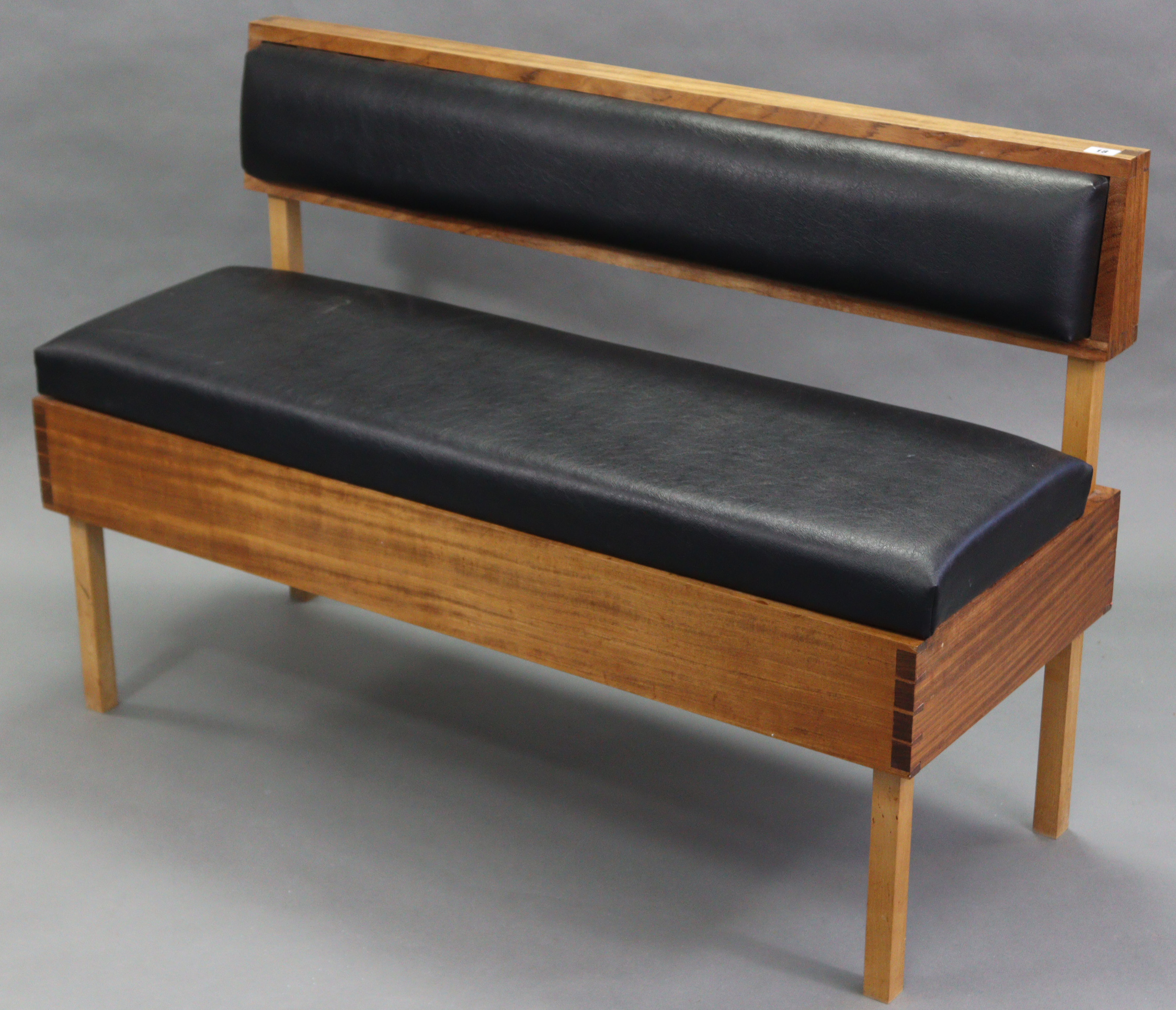 A hardwood box-seat settle, with upholstered black leather cushions set to the back & hinged seat, - Image 3 of 4