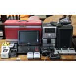 A red metal tool chest, 16½” x 11½”; a JVC part stacking Hi-Fi; a portable DVD player; & various