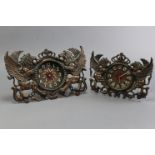 Two reproduction cast-metal frame mantel clocks, each with crown surmount & with winged-lion to