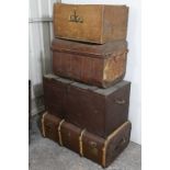 An early 20th century pine storage trunk with hinged lift-lid, & rope side handles, 34” wide;