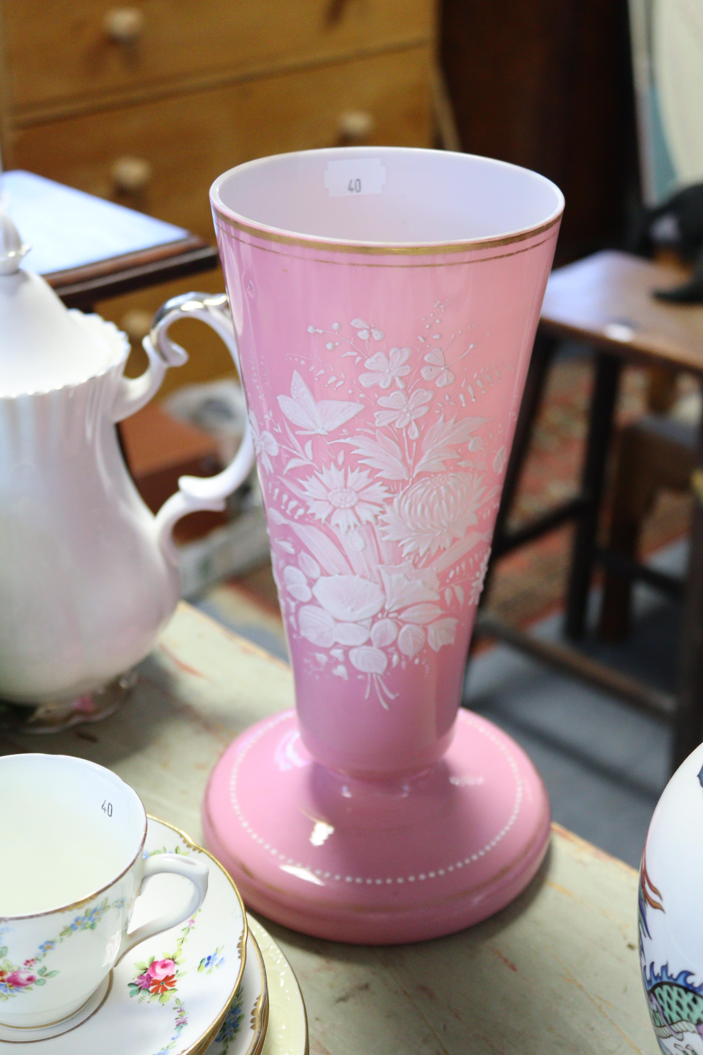 A Paris porcelain floral decorated jug, 10” high; an opaque pink glass vase with white & gilt - Image 5 of 7