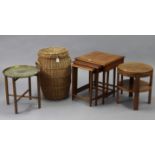 A mahogany nest of three occasional tables, 17¼” x 17½”; an oak & beech circular two-tier occasional