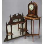 A Victorian mantel clock in burr walnut case with moulded decoration, 20½” high (w.a.f.); a
