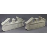 A pair of wooden white painted broken-arch pediments with moulded classical decoration, 47” wide x