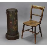 A Victorian floral painted cylindrical stand with cup side handles & on plinth base, 10¾” diam x 30”