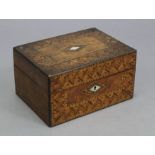 A late 19th century walnut & parquetry-inlaid needlework box of rectangular form, fitted removable