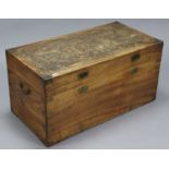 A Chinese carved camphor wood & brass-bound trunk by Cheong Hop, Wanchai, Hong King, the hinged