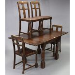 An oak draw-leaf dining table on ring-turned legs, 36” x 36” closed (x 60” open), & a matching set