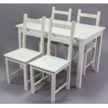 A white painted rectangular dining table on removable square legs, 29” wide x 47” long x 29” high;