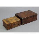 A rosewood & parquetry inlaid needlework box with hinged lid, 9¾” wide x 4¼” high x 6½” deep; & a