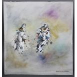 A contemporary watercolour study of Arabian warriors on horseback, signed & dated “Saboudi, 2001”,