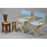 A pair of modern Director’s chairs with light blue fabric seats & backs; a hardwood square