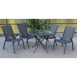 A modern metal folding circular patio table with glass top, 34½” diam., together with four