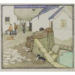 ARABELLA LOUISE RANKIN (b. 1871). A fishing village with figures & dogs beside a harbour. Woodcut