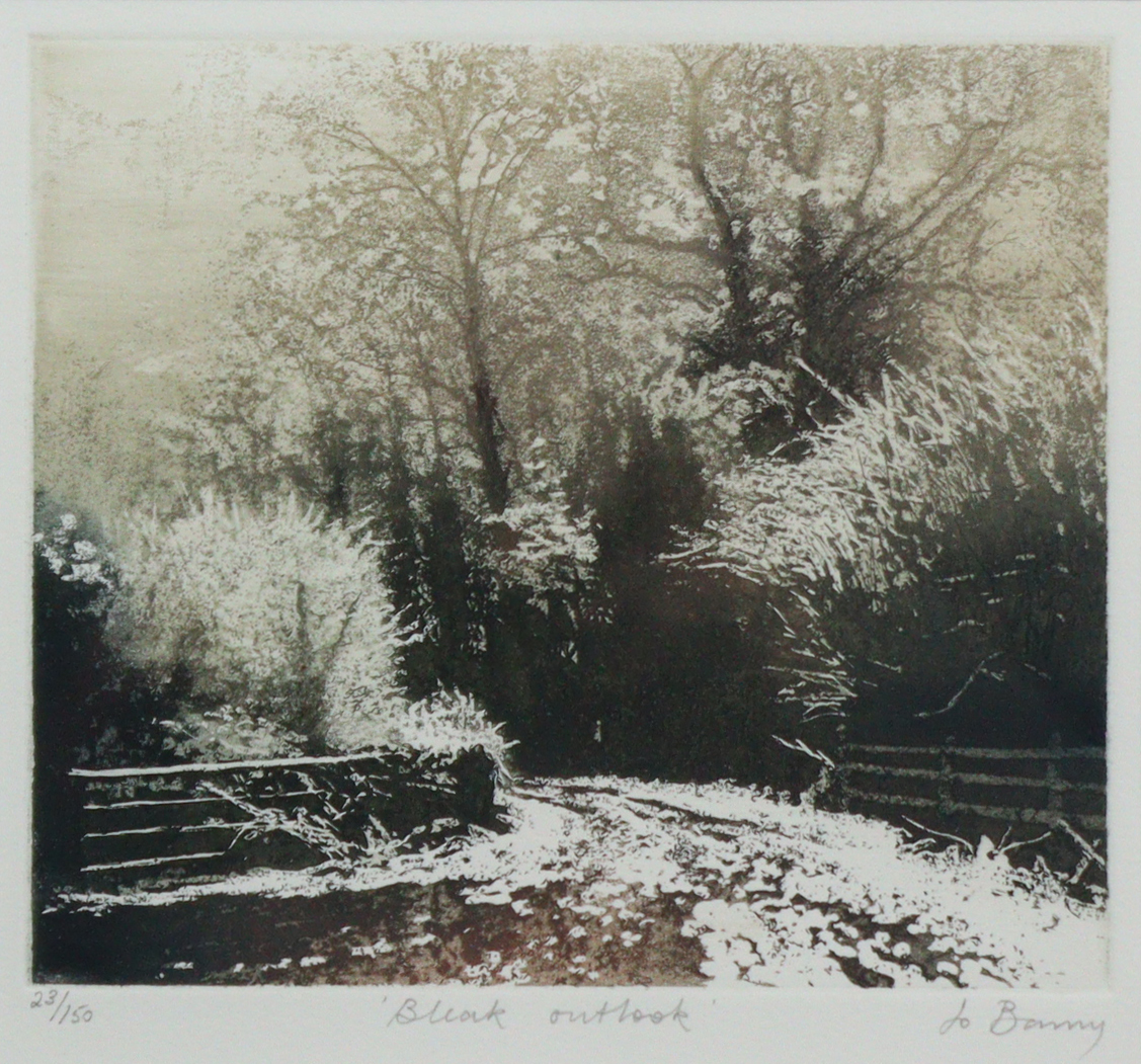 JO BARRY (Contemporary). “Bleak Outlook”, black-&-white etching; Signed & numbered 23/150 lower