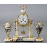 A 19th century French white & grey-veined marble clock garniture with gilt-metal mounts, the 3¾”