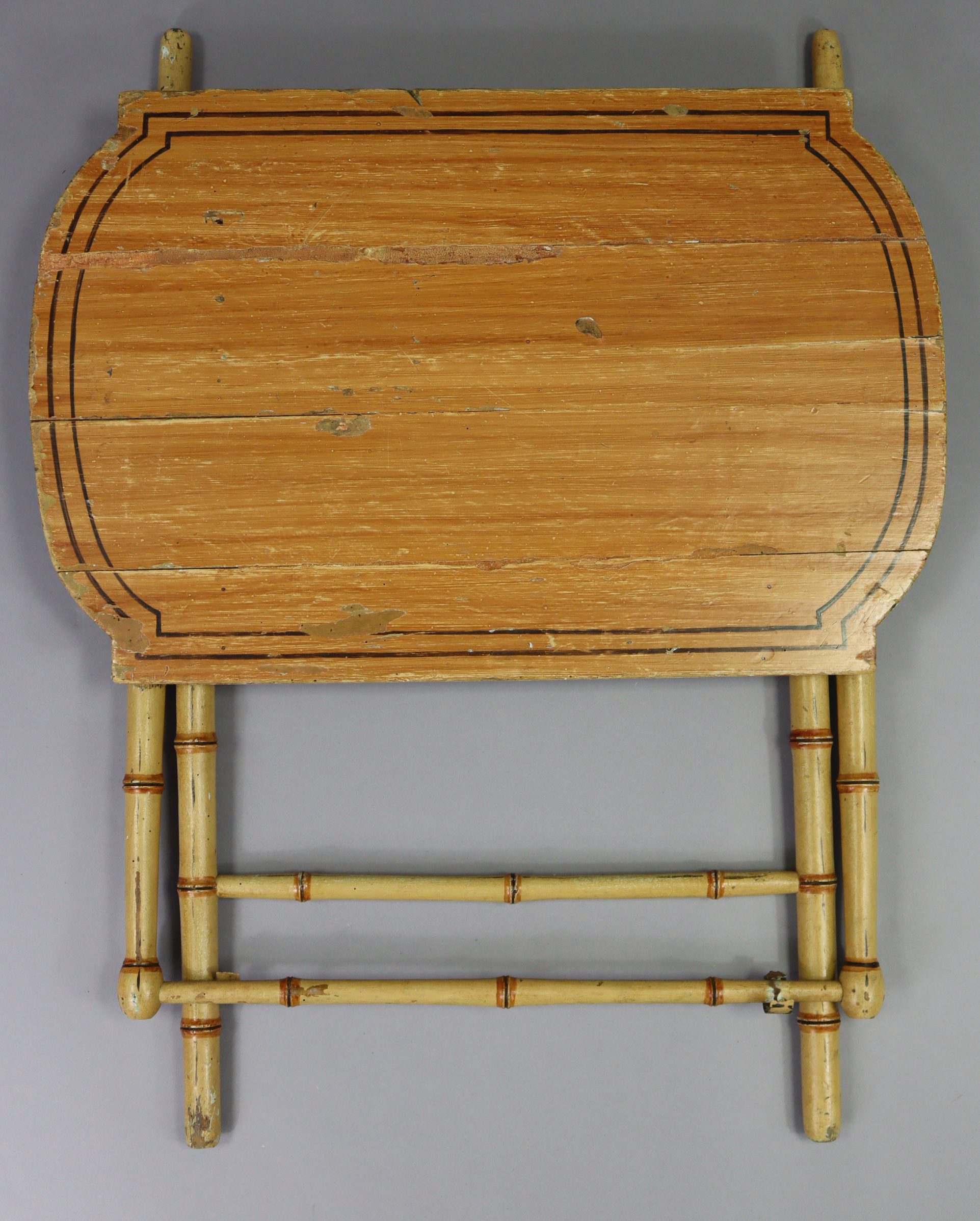 A Victorian painted coaching table with shaped rectangular top on faux-bamboo folding legs; 28” wide - Image 5 of 5