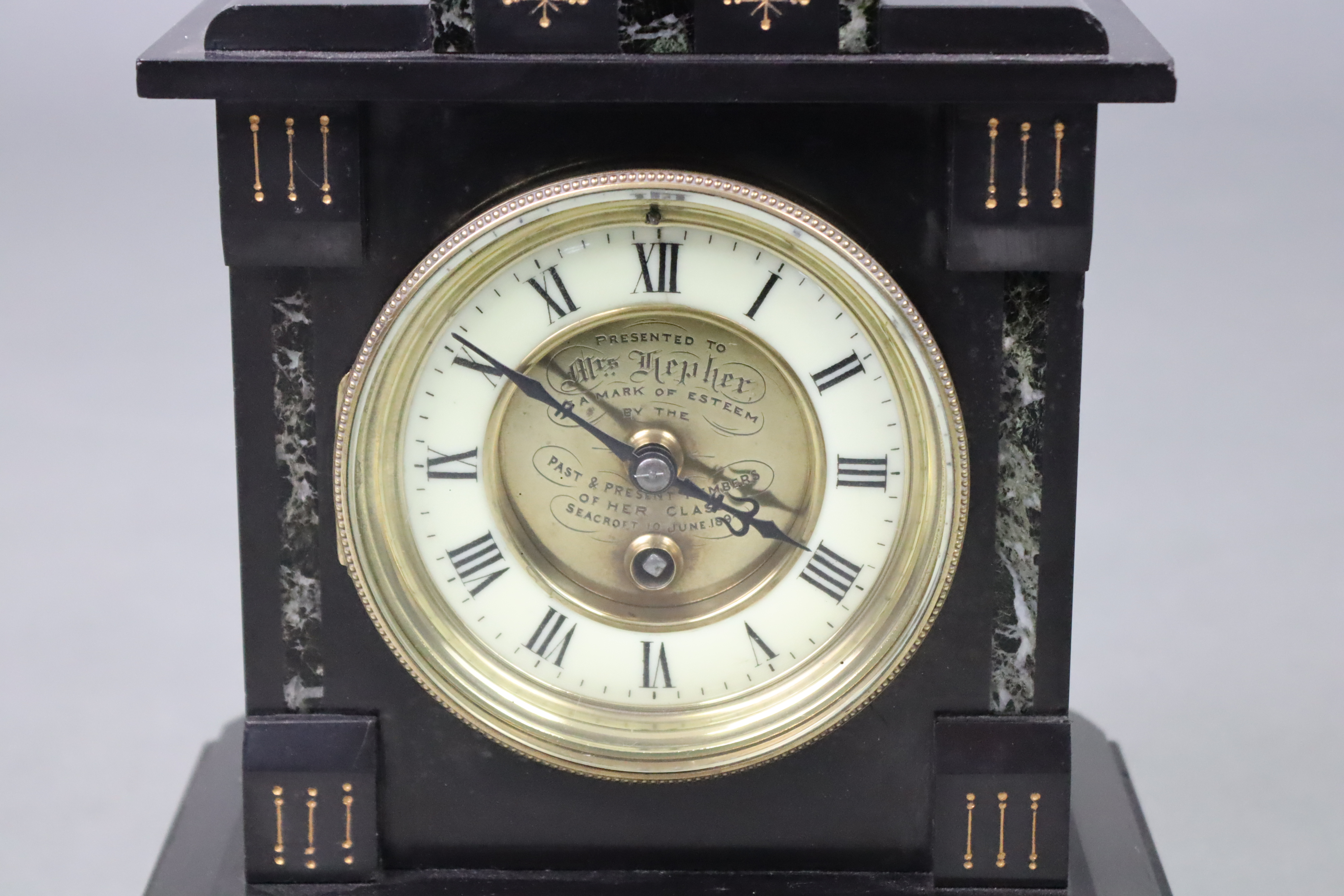 A Victorian mantel clock in black slate case with gilt decoration, the two-part dial with cream - Image 2 of 3