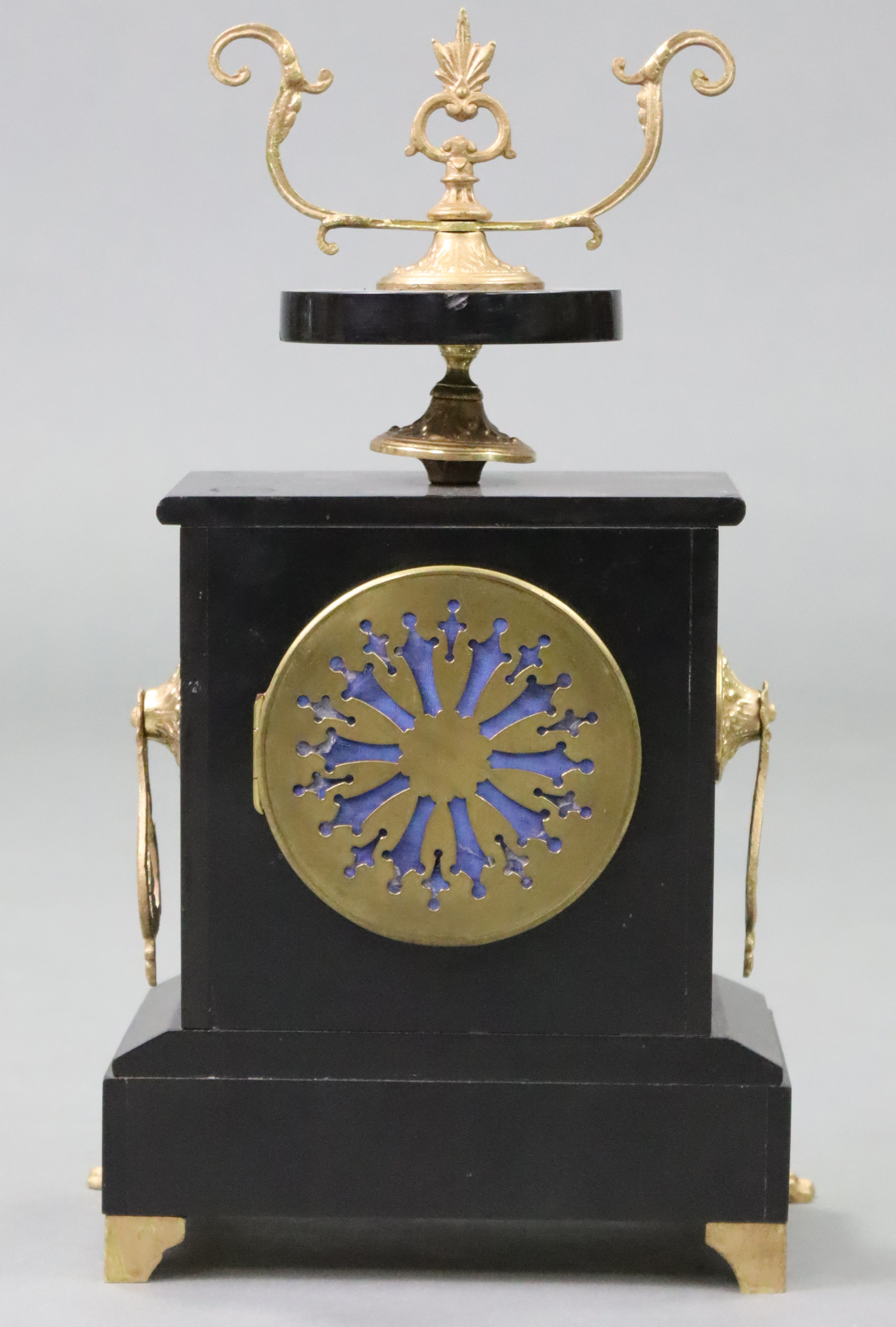 A Victorian mantel clock in black slate & rouge marble case, with gilt-metal mounts, 3½” diam. white - Image 2 of 2