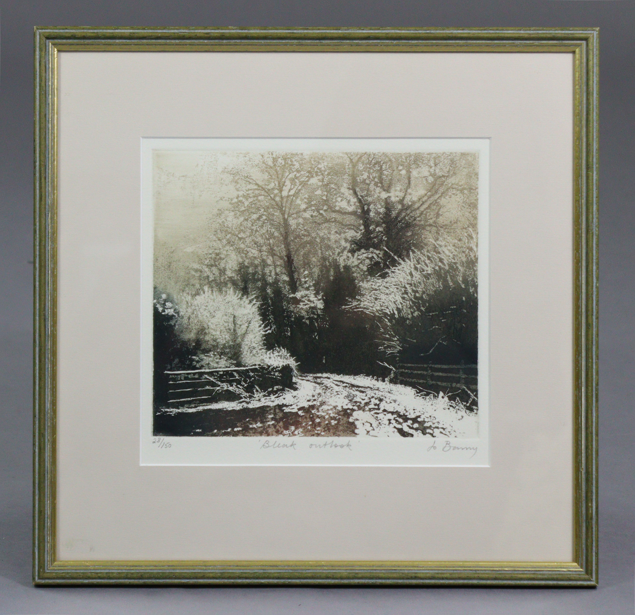 JO BARRY (Contemporary). “Bleak Outlook”, black-&-white etching; Signed & numbered 23/150 lower - Image 2 of 2