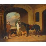 EDWIN M. FOX (active 1830-1870). A gentleman with his horse, groom, & dogs outside a country