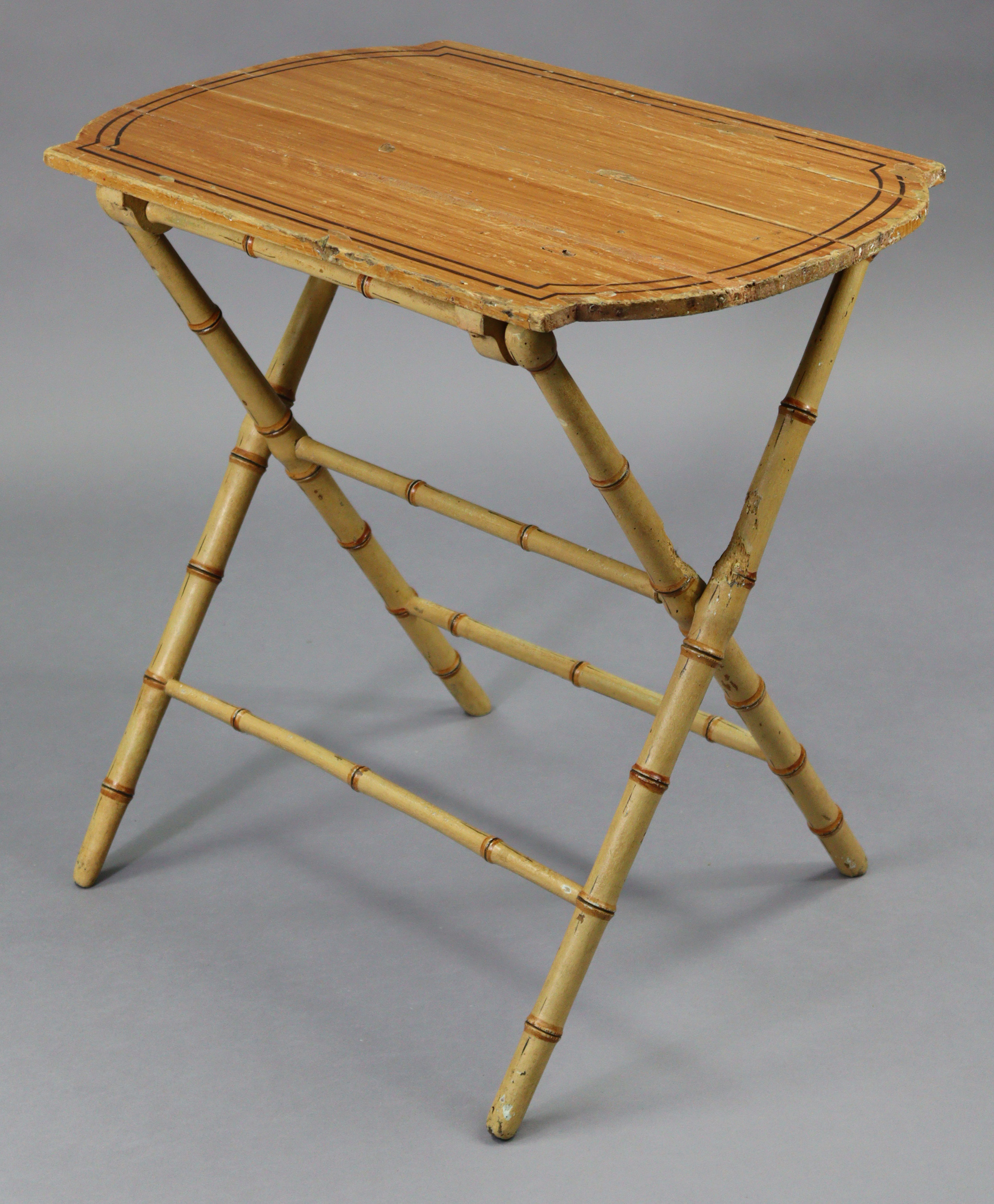 A Victorian painted coaching table with shaped rectangular top on faux-bamboo folding legs; 28” wide - Image 2 of 5