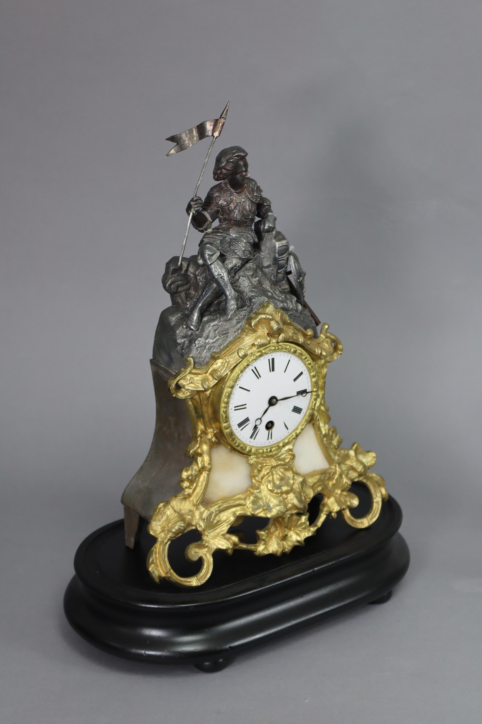 A 19th century French mantel clock in speltre figural case with pierced gilt-metal rococo style - Image 2 of 3