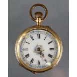 A late 19th/early 20th century continental fob watch in engraved 14K case, the decorated white