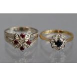 A 9ct. white gold ring set cluster of tiny diamonds & rubies, size: O; weight 4.3gm; & another