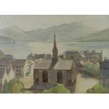 WILLIAM MATTHEWS (Exhb. 1914-1940). A mountainous lake scene with church & buildings to the fore.