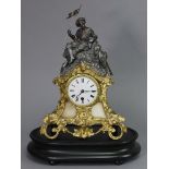 A 19th century French mantel clock in speltre figural case with pierced gilt-metal rococo style