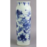 A Chinese blue-&-white porcelain tall sleeve case, decorated in the Kangxi style with a warrior &