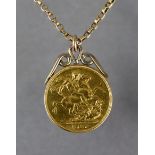 A Victorian sovereign dated 1887, mounted as a pendant with soldered scroll suspension loop (un-