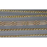 A 9ct. gold chain necklace, 17½” long (10.7gm); an un-marked yellow metal gate-link bracelet; & a