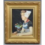 DUTCH SCHOOL, 20th century. A portrait of a lady seated at a table with a vase of flowers, wearing